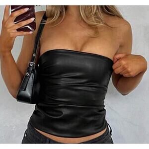 New: Shein Black Faux Leather Top Stylish Pleated Asymmetric Hem Bandeau